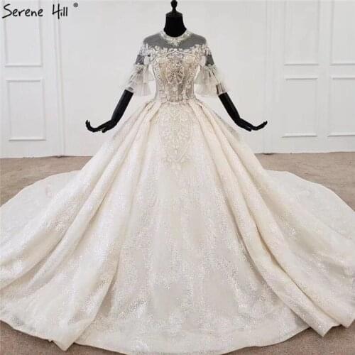 Serene Hill Beige O-Neck Half Sleeves Sexy Wedding Dress 2020 High-end Luxury Beading Sequins Bridal Gown Custom Made CHX0049