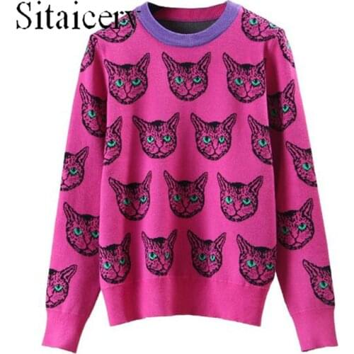 High Quality Runway Designer Cat Print Knitted Sweaters Pullovers Women Autumn Winter Long Sleeve Sweater Sweet Jumper Wholesale