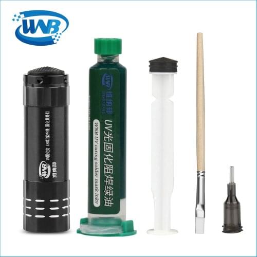 WNB 10ML Green Oil UV Solder Mask BGA PCB Paint Prevent Corrosive Arcing Soldering Paste Flux Inks Soft Nylon Brush 9 LED Light