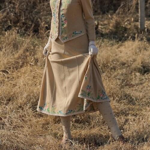 Original Design AIGYPTOS Spring Autumn Winter Women Vintage Elegant SLim Mori Girls Exquisite Rose Embroidery Long Knitted Skirt