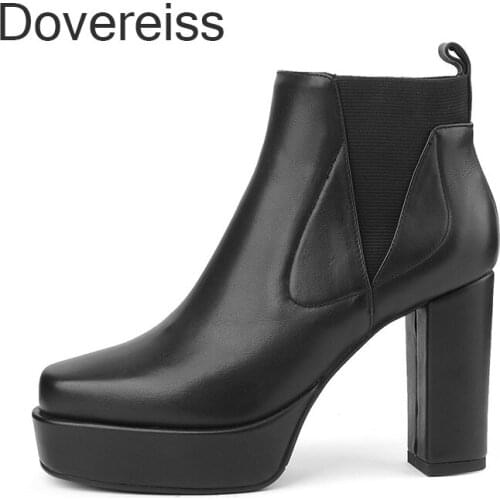 Dovereiss Fashion Womens Shoes Winter Brown Platform Genuine Leather Slip On Square Toe Chunky Heels Ankle boots Block Heels