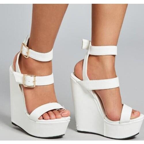 Carpaton White Leather Platform Wedge Sandals Sexy Open Toe Ankle Strap Woman Shoes Summer Cutouts Gladiator Sandals