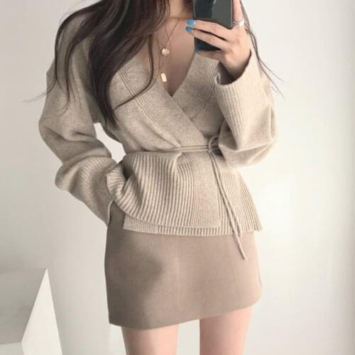 Autumn Winter Sexy Two Piece Set Women Outfits Long Sleeve Sweater Cardigan Adn High Waist Mini Skirt Ladies 2 piece Set Elegant