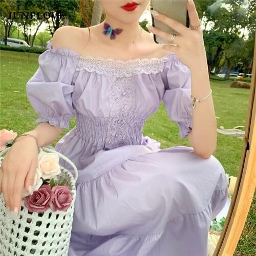 JuneLove Women Summer Purple Elegant Lace Long Maxi Dress Vintage Square Collar Female Franch Dress Casual Holiday Lady Vestidos