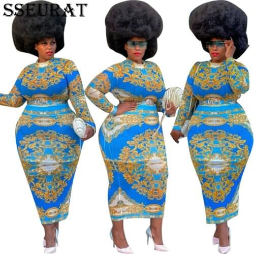 SSEURAT Women Print O-neck Full Sleeve Bodycon Long Maxi Dress Sexy Club Party Dresses Vintage Vestidos Autumn Outfits