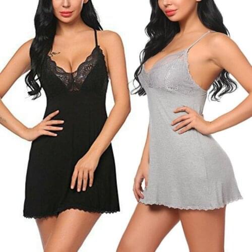 Womens Sexy Lingerie Sleepwear Lace V Neck Nightgowns Sleeveless Mini Dress Robe Nightgowns