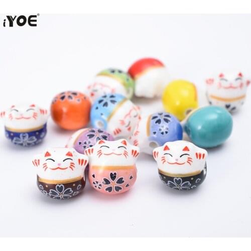 10/20/30pcs 14mm Lucky Cat Ceramic Beads Colorful Horizontal Hole Loose Jewelry Porcelain Beads for Jewelry Making Bracelet