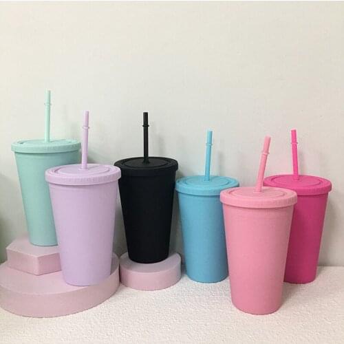 10pcs/Lot 16oz Acrylic Cone Water Cups With Lids Straw Tumbler Double Wall Matte Plastic Reusable Portable Colorfful For Party