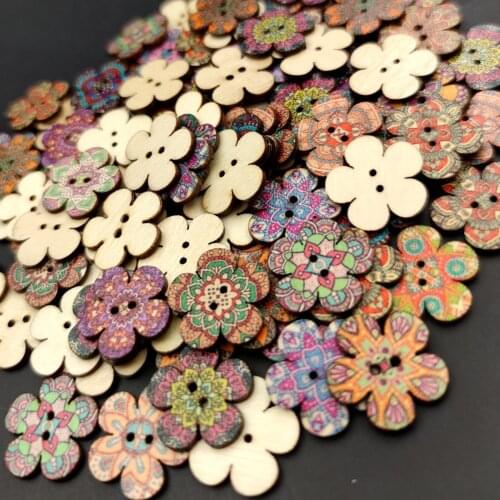 100pcs Mixed Random Flower Shape Painting Wooden Retro Buttons Assorted