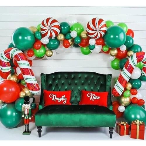 112pcs Merry Christmas Balloons Garland Helium Round Foil Candy Globos Santa Claus Navidad Canes Red Green DIY Balloon Chain Sup