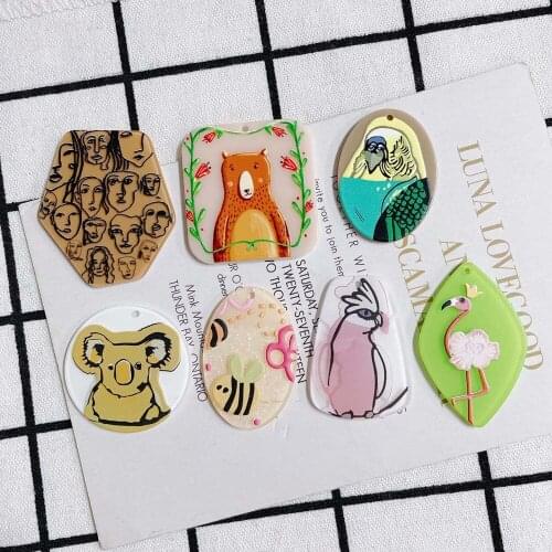 20pcs DIY Jewelry Findings Kawaii Acrylic Planar Sheet Necklace Pendants Cute Animal Bear Bird Image Geometry Earring Charms