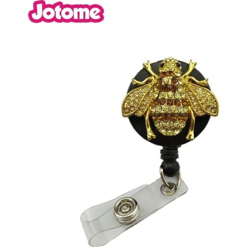 50pcs/lot Crystal Rhinestone Bee yoyo Retractable Id Name Card Badge Reel Holder For Hospital Officer