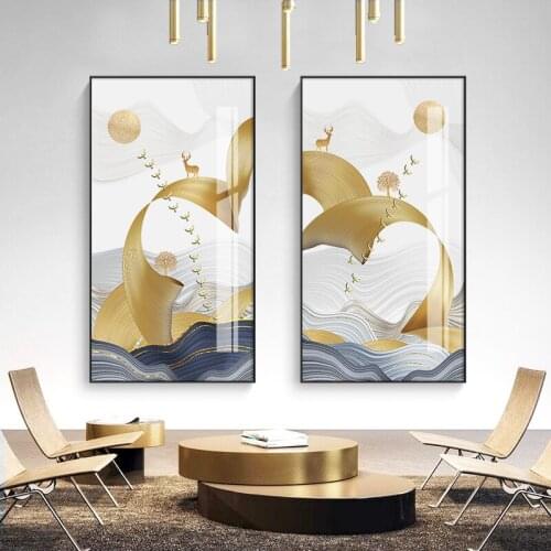 Abstract Golden Tree Deer Bird Canvas Art Modern Blue Green golden Posters Prints Big Wall art Picture for Living Room Tableaux