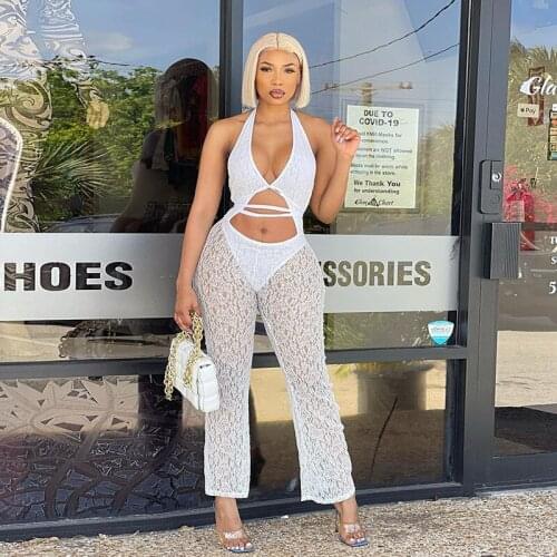 BKLD 2012 Summer New Halter Jumpsuit Women Lace-Up Hollow Out Backless White Bodycon Wide Leg Jumpsuits Solid Color Clubwear