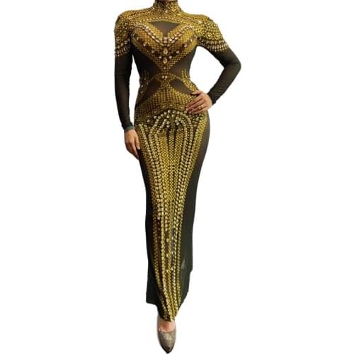 Shining Gold Rhinestones Black Mesh Transparent Dress Birthday Celebrate Long Dress Evening Prom Outfit Women Bar Dance Costume