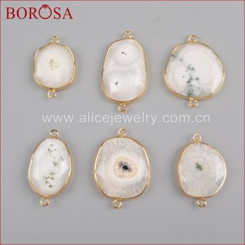 BOROSA Gold Color Natural White Solar Quartz Faceted Connector,Freeform Quartz Druzy Connector Double Bails Jewelry Making G1437