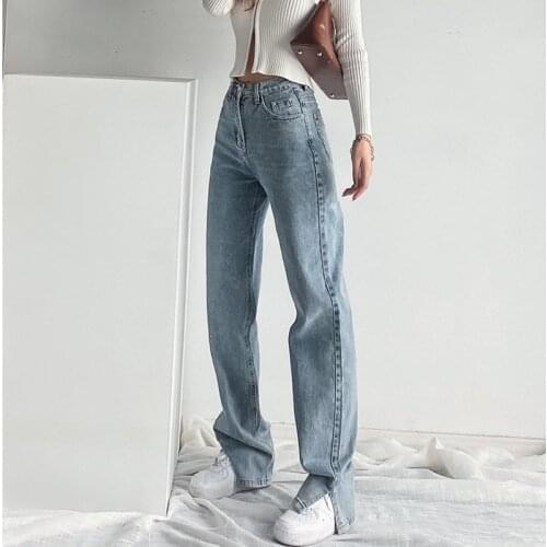 WOMENGAGA Slim Straight Jeans High Waists For Womens New 2020 Slim Winter Autumn Pants Split Legs Trousers Girl Female XH6I