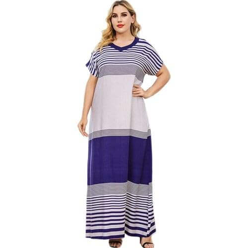 Kaftan Women Long Dress Casual Loose Stripes Summer Maxi Robe Muslim Ramadan Islamic Arab Abaya Plus Size Dubai Middle East Robe