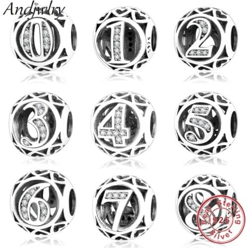Fit Pandora Charms Bracelet Silver 925 Original Numbers Charms 0 to 9 Charm Beads Silver Jewelry Bangles Berloque