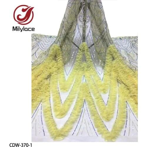 Fashion 3D Chiffon Flowers with Sequins High Quality Nigeria Lace Embroidered Fabric for Wedding Dress/evening Dress CDW-370