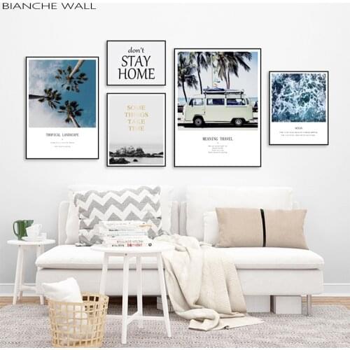 Scandinavian Tropical Landscape Posters Modern Prints Sea Beach Bus Wall Art Canvas Painting Nordic Decoration Pictures