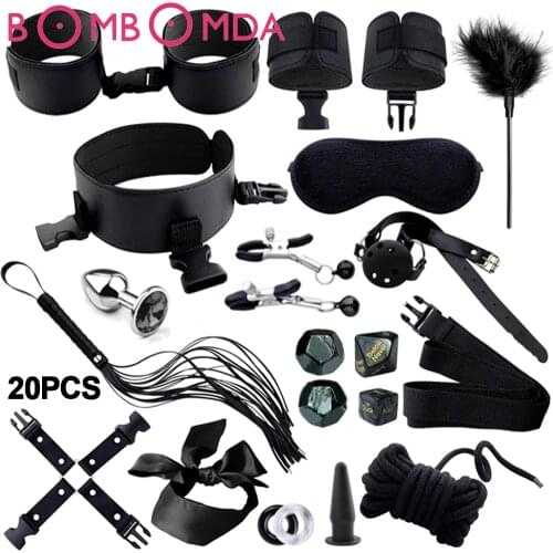 Sexy Leather BDSM Kits Plush Sex Bondage Set Handcuffs Sex Games Whip Gag Nipple Clamps Sex Toys For Couples Exotic Accessories