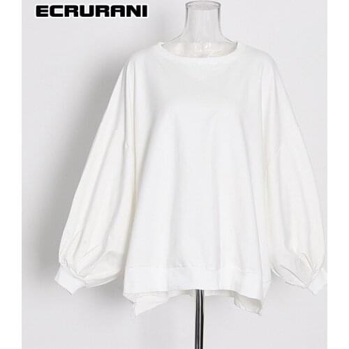 ECRURANI Loose White Casual Pullovers For Women O Neck Puff Long Sleeve Minimalist Sweatshirts Females 2021 Fashion New Clothing