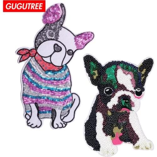 GUGUTREE embroidery Sequins big dogs patches animal patches badges applique patches for clothing ZK-30