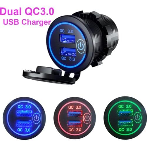 QC3.0 Dual USB Charger Socket Fast Charging Power Outlet Adapter with Touch Switch for 12V/24V Car Motorcycle Truck RV Boat Bus