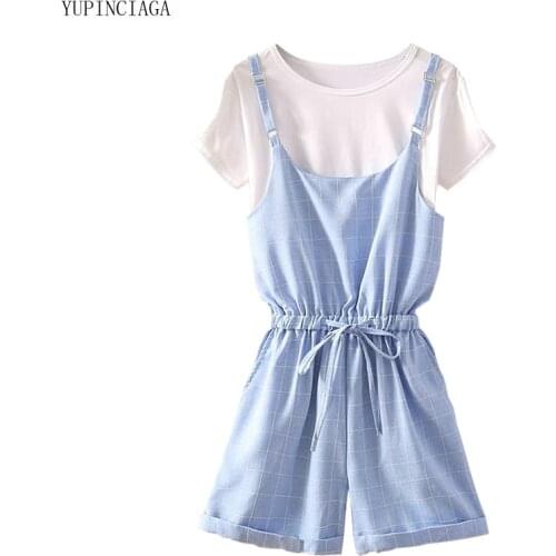 Women Sets Japanese Simple Solid Color Thin Short-sleeved T-shirts + Waist Slimming Plaid Strappy Skirt Pants 2 Piece Set