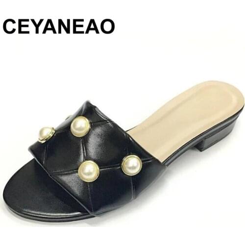 CEYANEAORivet Low Shoes Big Size Ladies' Slippers String Bead Flat Rubber Slides Basic Fabric PU Scandals Flat Shoes Female Low