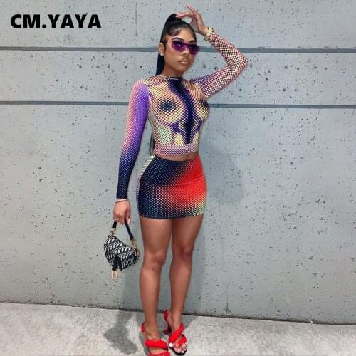 CM.YAYA Women Set Print Full Sleeve O-neck Slim Crop Tops Skinny Mini Skirts Two 2 Piece Sets Sexy Fashion Outfits Autumn 2021