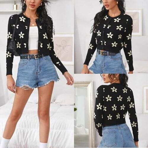 2021 New Women Short Knit Cardigan Adults Button-down Embroidered Flower Print Long Sleeve Round Neck Sweater