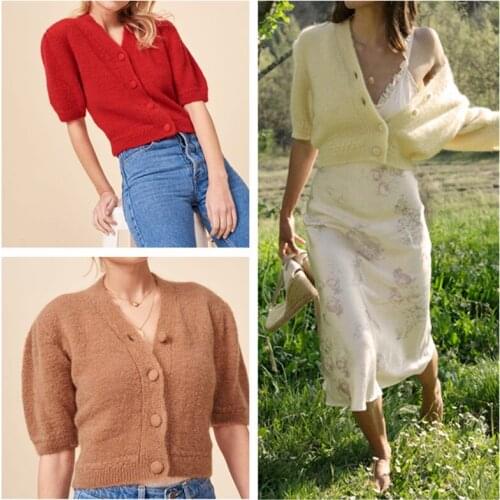 Women V-Neck Short Knit Sweater Ladies Spring Summer Short Puff Sleeve Single-Breasted Cardigan Female Slim Knitwear Tops