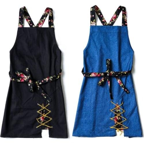 Women Pastoral Floral Strap Retro Apron Split Hem Crisscross Bandage Adjustable Long Ties Kitchen Canvas Aprons Bib for