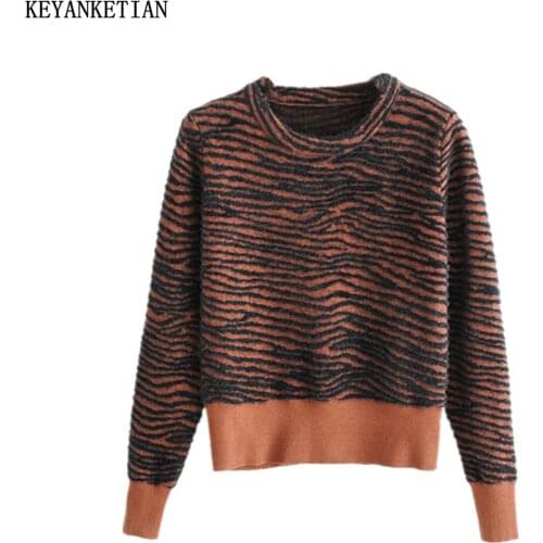KEYANKETIAN Retro Womens Fashion Casual Brown Zebra Pattern Knitted Sweater Long Sleeve Loose Pullover New Clothes