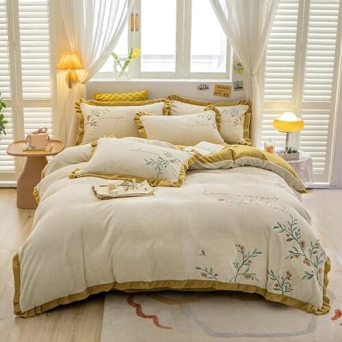 Yellow Flowers Embroidery Winter Soft Fleece Thick Bedding Set Duvet Cover Bed Linen Fitted Sheet Pillowcases Home textiles