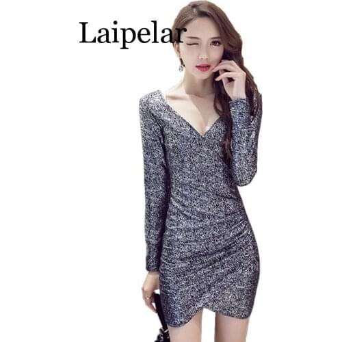 2020 Spring New fashion Womens Clothing Tight sexy club temperament V-neck Female Full sleeve bodycon pencil sheath dress