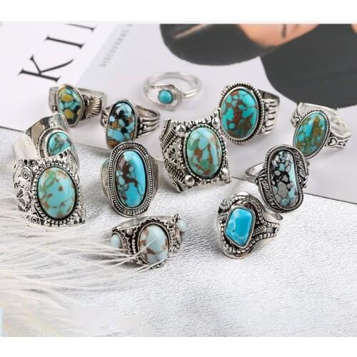 Bohemia Vintage Womens Ring Metal Artificial Agate Exaggerated Indian Jewelry Mens Rings Party Gift