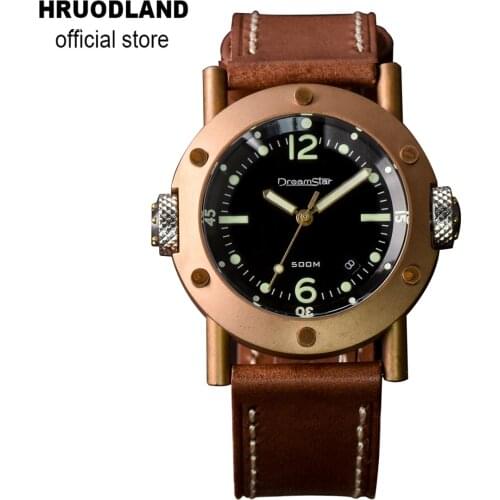 Hruodland Dreamstar Solid Bronze Automatic Mens Watches SW200 Sapphire Glass Brown Leather strap Mechanical Wristwatch for Male