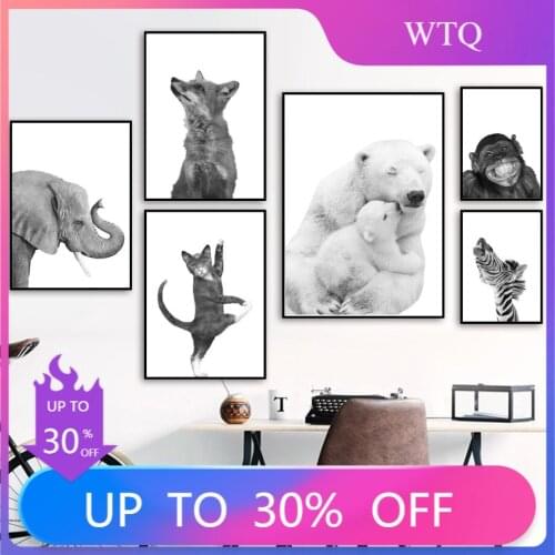 Black White Polar Bear Monkey Sloth Fox Animals Nordic Posters And Prints Wall Art Canvas Painting Wall Pictures Kids Room Decor