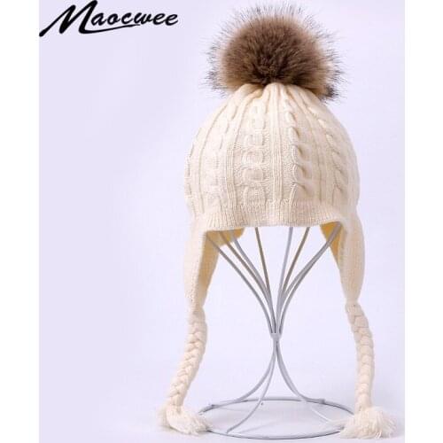 Kids Faux Fur Pom Pom Hat Baby Winter Crochet Earflap Girls Boys Knitted Beanie Double Two Fur Pompom Hat for Children Skullies