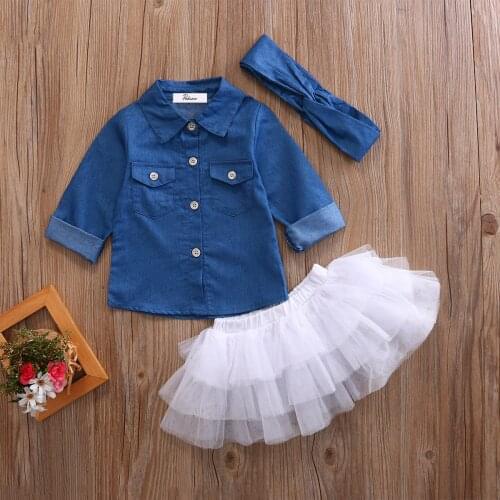 Kids Baby Girls Denim Tops T shirt+White Tutu Skirts+Headband 3pcs Outfits Clothes Set Summer Long Sleeve Children Clothing Sets