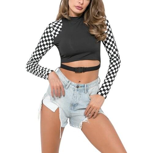 Sexy Womens Casual Polyester Autumn Long Sleeve T-shirt Fashion Plaid Stitching Release Buckle Exposed Navel Tops