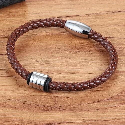 XQNI Sporty Style Geometric Stainless Steel Magnetic Clasps Genuine Leather Bracelet For Men Women Hand Jewelry Birthday Gift