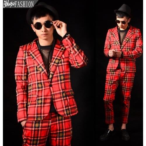 New Fashion Mens Scottish Style Slim Red blazer Nightclub male singer stage costume jacket party show performance wear