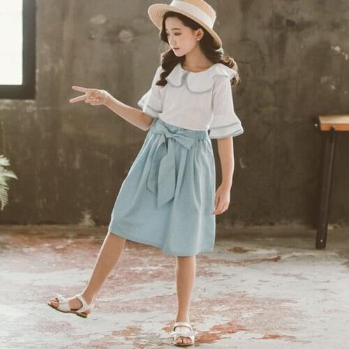 Teen Girls Clothes 2021 Summer Baby Girl Clothing Sets Fashion White Blosues Tops And Blue Skirts 2 Pieces Suits Kids Children