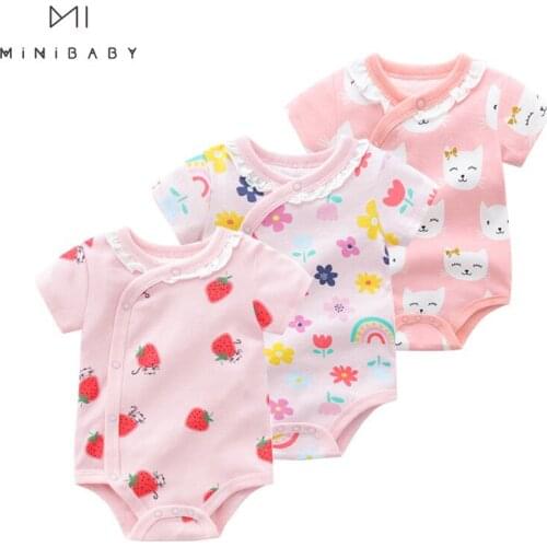 Newborn Baby Girl Clothing Summer Baby Bodysuits Pink Color Cartoon Pictures Cotton O-neck Short Sleeve 2021 Home Baby Clothes