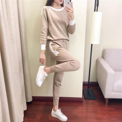 Autumn new casual sportswear suit womens fashion loose knit top bound feet harem pants student two-piece set
