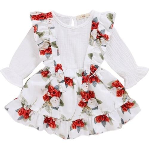 Autumn Baby Girl Long Sleeve Solid Color T-shirt Blouse Floral Strap Skirts Casual Outfits Set Hot Sale